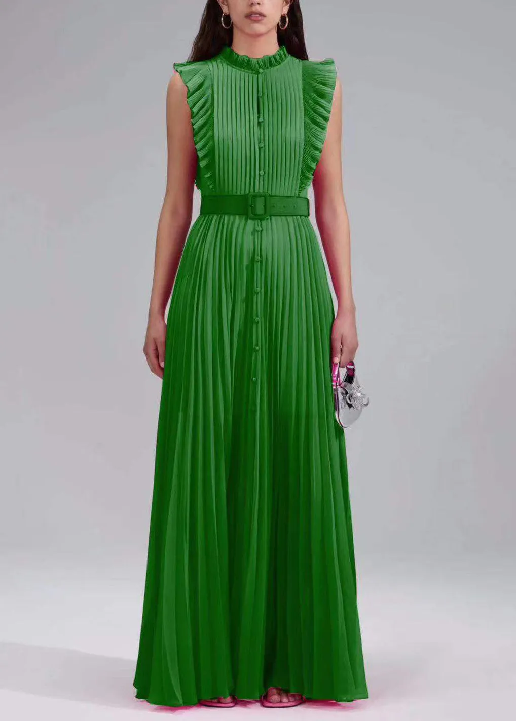 New Rose Ruffled Button Sashes Chiffon Maxi Dresses Sleeveless WW1063